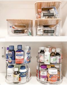 two shelves filled with different types of medicine