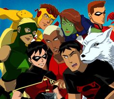 an animated group of superheros standing in front of a blue sky with one person holding a camera