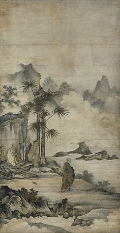 an old painting with trees and mountains in the background