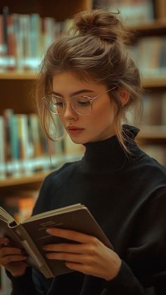 a woman in glasses is reading a book