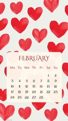 a calendar with hearts drawn on it and the date for feb to feb in red