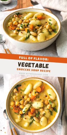 two bowls filled with vegetable soup on top of a table