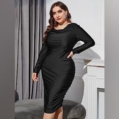 Women's Plus Size Draped Collar Ruched Long Sleeve Bodycon Dress Cowl Neck Midi Dresses Long Sleeve Bodycon, Long Sleeve Bodycon Dress, Cowl Neck, Bodycon Dress, Midi Dress, Collar, Plus Size, Womens Dresses, Long Sleeve