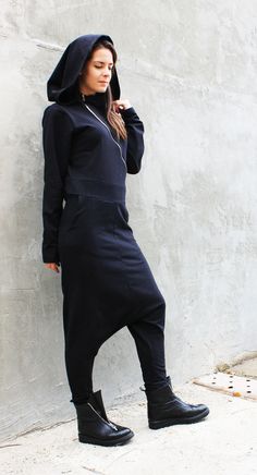 Black Maxi Jumpsuit/Drop Crotch Jumpsuit/Hooded Long Sleeves Jumpsuit/Casual Jumpsuit/Romper/ Loose Black Long Sleeve Jumpsuits For Loungewear, Long Sleeve Black Jumpsuits And Rompers For Loungewear, Black Stretch Jumpsuits And Rompers With Pockets, Black Stretch Jumpsuit With Pockets, Long Sleeve Jumpsuit Casual, Oversize Jumpsuit, Jumpsuit Plus Size, Oversized Jumpsuit, Zipper Jumpsuit