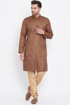 Buy Men's Blended Silk Stripe Printed Kurta Set in Coffee Striped Kurta, Matching Pyjamas, Silk Kurta Set, Mens Indian Wear, Gold Color Combination, Men Coffee, Kurta Pyjama, Utsav Fashion, Silk Bottoms