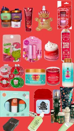 an assortment of beauty products displayed on a red background