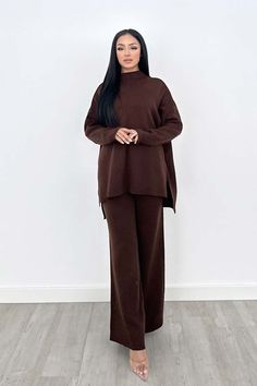 Look your best in our two-piece knit coord set, features a modest length dip hem top , paired with elasticated wide leg trousers. Comes in timeless colours perfect for your everyday wardrobe FREE SIZE Trouser length : 40.15 inches approx Top length front: 26.7 inches approx Top length back : 30.70 inches approx 100% Acrylic Brown Co Ord Set, Knitted Co Ord Outfit, Knit Coord Set Outfit, Brown Co Ord, Modest Coord Set, Modest Tops Hijab, Modest Coord Sets For Women, Winter Coord Set Women, Modest Two Piece