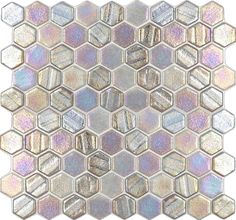 Recycled Hex Iridescent Glass Tile Grey for swimming pool and spas Iridescent Glass Tiles, Iridescent Tile, Glass Pool Tile, Recycled Tile, Swimming Pool Tiles, Purple Bathrooms, Elegant Tiles, Shower Walls, Indoor Design