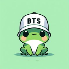 a cute little green frog with a white hat on it's head and the words bt