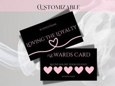 two black business cards with pink hearts on the front and bottom, one for loving the royalty