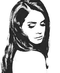 a black and white drawing of a woman's face with her hair pulled back