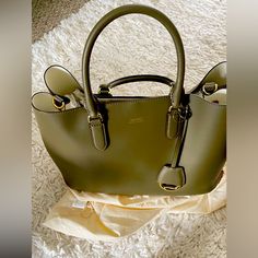 Brand New, Lauren, By Ralph Lauren Leather Bag Olive Green Large Sized Bag; 14-1/4"W X 10-3/4"H X 7-1/2"D (Width Is Measured Across The Bottom Of Bag) With Double Top Handles Optional Crossbody Strap And Original Dust Bag Included Green Elegant Satchel With Branded Hardware, Elegant Green Satchel With Branded Hardware, Ralph Lauren Bags, Ralph Lauren Leather, Lauren By Ralph Lauren, Lauren Green, Crossbody Strap, Lauren Ralph Lauren, Top Handle