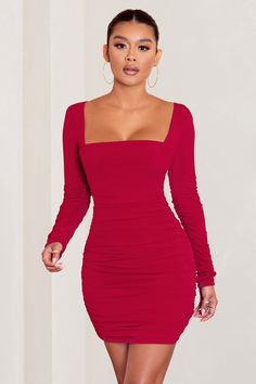 Muse Red Long Sleeve Square Neck Ruched Mini Dress – Club L London - USA Quick Cocktails, 90s Fashion Outfits Hip Hop Party, Midi Bridesmaid Dress, Shade Of Red, A Muse, Black Tie Gala, Ruched Mini Dress, Maxi Dress Prom, Skirt Co Ord