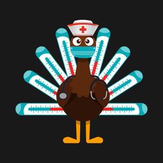 a turkey wearing a medical mask and holding a thermometer