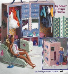 a barbie doll sitting in a chair next to a closet with clothes and suitcases