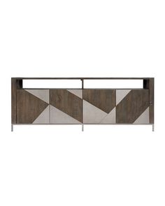 the sideboard is made out of wood and has geometric designs on it, along with metal