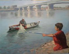 a painting of two people in boats on the water with a bridge in the background