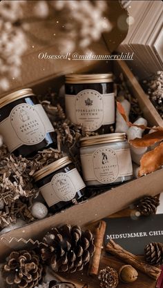 some candles are sitting in a box with pine cones and other items around it on the table