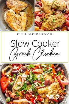 slow cooker greek chicken with tomatoes, olives and feta cheese on the side