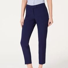 Product Details Cropped To Put Your Footwear Selections On Display, These Career Pants From Anne Klein Never Stay On The Hanger For Long. Color: Distant Mountain Blue Imported Welt Pockets At Back Zipper And Hook And Bar Closure At Front Savings Based On Offering Prices, Not Actual Sales Web Id: 10460479 Size & Fit Approx. Inseam: 29" Approx. Model Height Is 5'10" And She Is Wearing Size 4 Mid Rise; Slim Fit Through Hips And Thighs; Skinny Leg Materials & Care Dry Clean Polyester/Elastane Spring Blue Office Pants, Blue Cropped Leg Pants For Business Casual, Blue Cropped Pants For Business Casual, Patterned Dress Pants, Hot Pink Pants, Black Ankle Pants, Faux Suede Dress, White Crop Pants, Anne Klein Dress