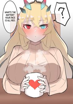 an anime character is holding a cup with horns on her head and the caption says what's the matter?