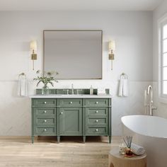 a bathroom with two sinks and a large mirror above the sink, along with a bathtub