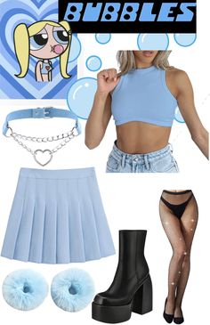 Bubbles powerpuff girl costume diy Bubbles Rave Outfit, Bubbles Halloween Costume Powerpuff, Bubbles Powerpuff Girls Costume, Bubbles Halloween Costume, Bubbles Powerpuff Costume, Power Puff Girls Costume, Bubbles Cosplay, Bubbles Costume