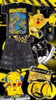 some items are laying out on a black and yellow background with the word pokemon written in it