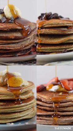 a stack of pancakes on a plate with strawberries next to it and a fork