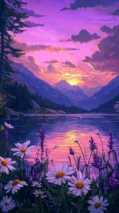 a painting of the sun setting over a lake with wildflowers and mountains in the background