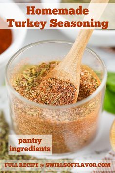 homemade turkey seasoning in a glass jar with wooden spoon