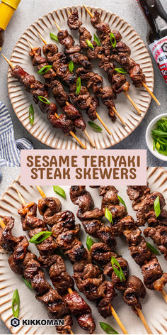 skewered steaks with sesame teriyaki sauce on a plate