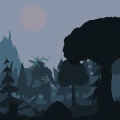 the silhouettes of trees and animals are shown in this illustration