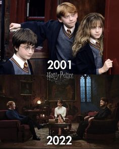 two pictures of harry potter and his friends