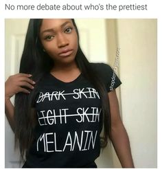 a woman with long black hair wearing a t - shirt that says, no more debate about who's the prettiest