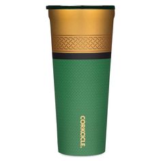 a green and gold travel cup with the words conococe on it's side