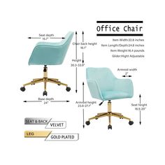 an office chair with measurements for the seat and footrests, shown in blue