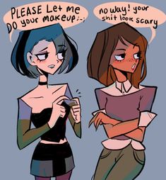 two cartoon girls with speech bubbles above their heads, one saying please let me do your makeup