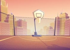 an illustration of a basketball court in front of a cityscape with buildings on the horizon