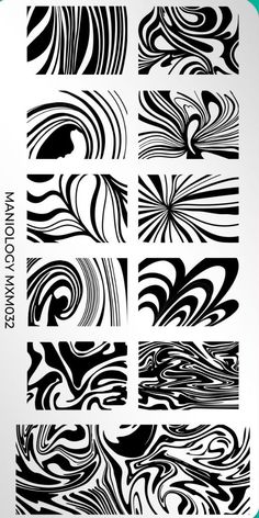 black and white swirl designs on a blue background