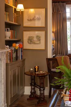 a living room filled with furniture and bookshelves next to a fire place in front of a window