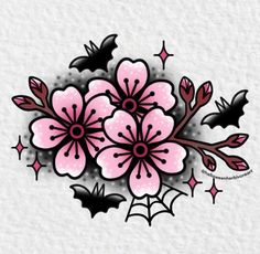 some pink flowers and bats on a white background with the words happy halloween written in black ink