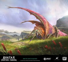 an artistic painting of a dragon sitting on top of a lush green field next to a mountain