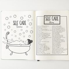 an open book with black and white illustrations on the pages, containing self care instructions