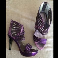 Purple Strappy Leopard Print Heels With Rhinestone Accents Purple Embellished Open Toe Heels, Summer Purple Rhinestone Heels, Purple Embellished High Heels, Embellished Purple High Heels, Purple Leopard Print, Leopard Print Heels, Purple Leopard, Elegant Shoes, Color Purple