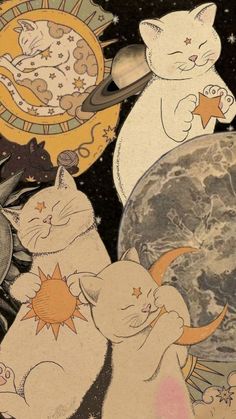 an image of cats that are in the sky with stars and planets around them,