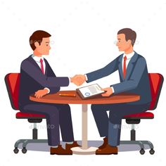 two men shaking hands over a table with a binder in front of them on it