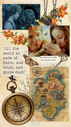 a collage with pictures and words about the same person in each photo, including a compass