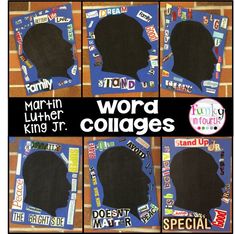 four different pictures of the words word collages in front of a blackboard