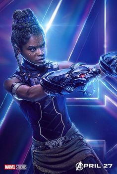 the character from avengers 4 is holding her arm out in front of an abstract background